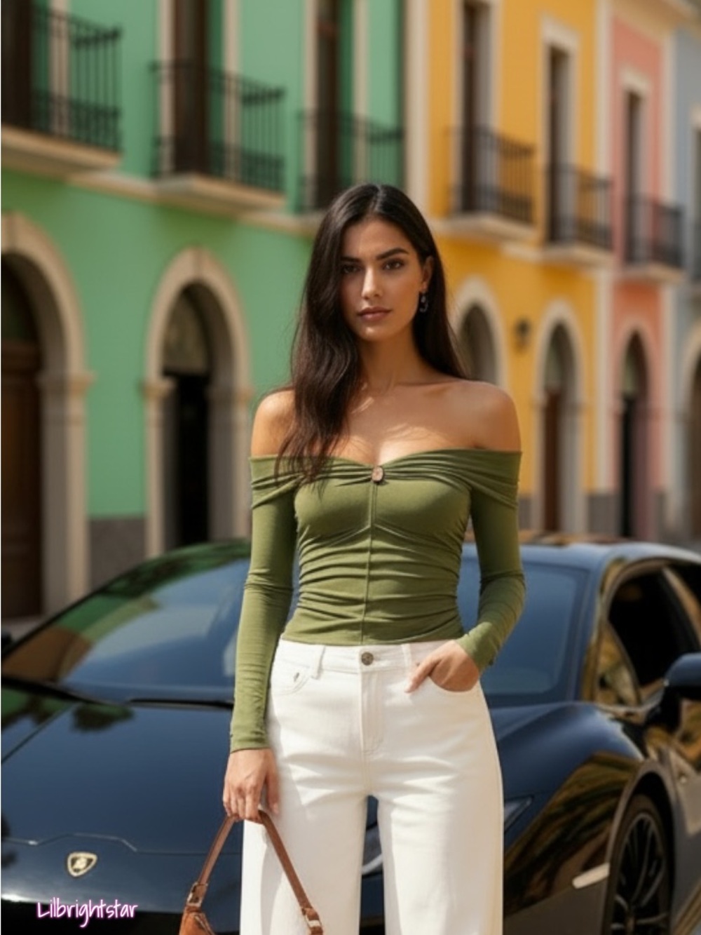 🆕🫎 Abercrombie Off The Shoulder Rushed Hardware Top Olive NWT